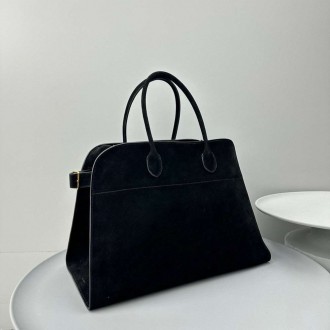 The Row Margaux 17 Top Handle Bag in Black Suede Leather