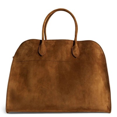 The Row Margaux 17 Top Handle Bag in Brown Suede Leather