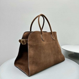 The Row Margaux 17 Top Handle Bag in Brown Suede Leather