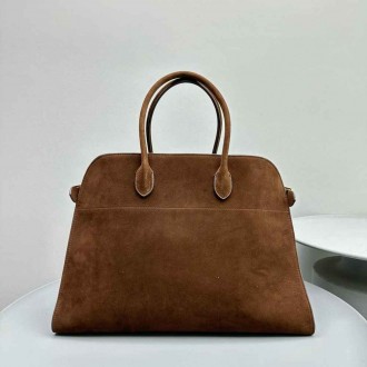 The Row Margaux 17 Top Handle Bag in Brown Suede Leather