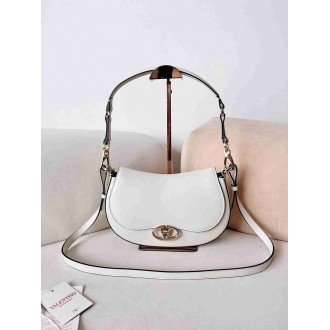 Valentino Garavani Ohval Small Shoulder Bag in White Calfskin