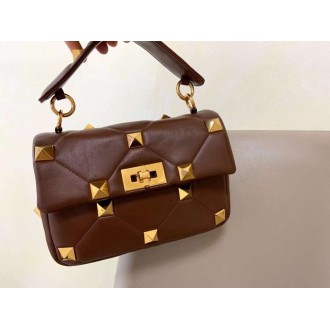 Valentino Medium Roman Stud Chain Bag In Teak Brown Nappa