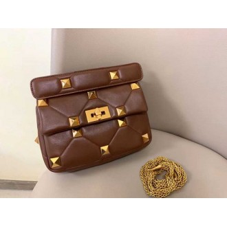 Valentino Medium Roman Stud Chain Bag In Teak Brown Nappa