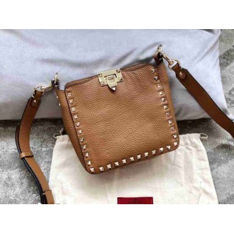 Valentino Mini Rockstud Hobo Bag In Brown Grained Leather