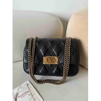 Valentino Quiltie 67 Meidum Shoulder Bag in Black Leather