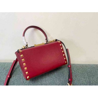 Valentino Rockstud Alcove Box Bag In Red Calfskin