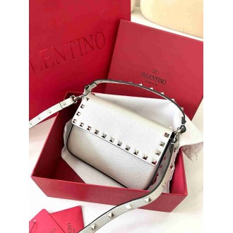 Valentino Rockstud Pouch Bag in White Grained Leather