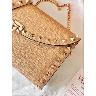Valentino Rockstud Wallet with Chain in Beige Grained Leather