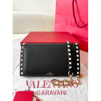 Valentino Rockstud Wallet with Chain in Black Grained Leather