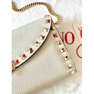Valentino Rockstud Wallet with Chain in White Grained Leather