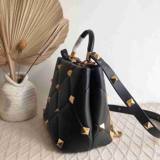 Valentino Roman Stud Top Handle Bag In Black Nappa