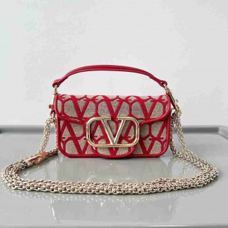 Valentino Small Loco Shoulder Bag in Red Toile Iconographe