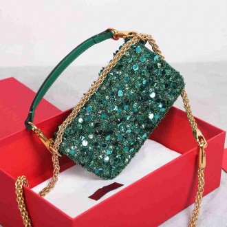Valentino Small Loco Shoulder Bag with Green 3D-effect Embroidery