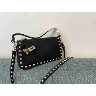 Valentino Small Rockstud Crossbody Bag In Black Grainy Calfskin
