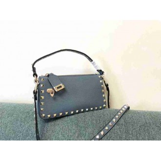 Valentino Small Rockstud Crossbody Bag In Blue Grainy Calfskin