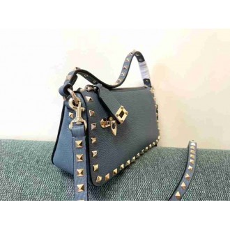 Valentino Small Rockstud Crossbody Bag In Blue Grainy Calfskin
