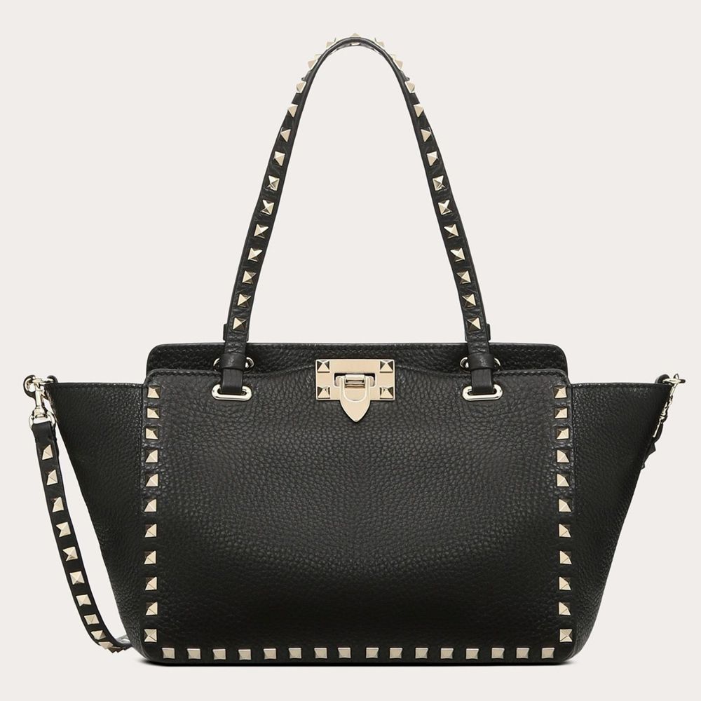 Valentino Small Rockstud Tote In Black Grain Calfskin
