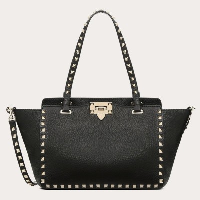 Valentino Small Rockstud Tote In Black Grain Calfskin