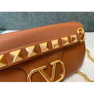 Valentino Stud Sign Shoulder Bag In Brown Nappa Leather
