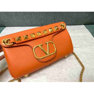 Valentino Stud Sign Shoulder Bag In Orange Nappa Leather