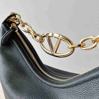 Valentino VLogo Moon Small Hobo Bag with Chain in Black Leather