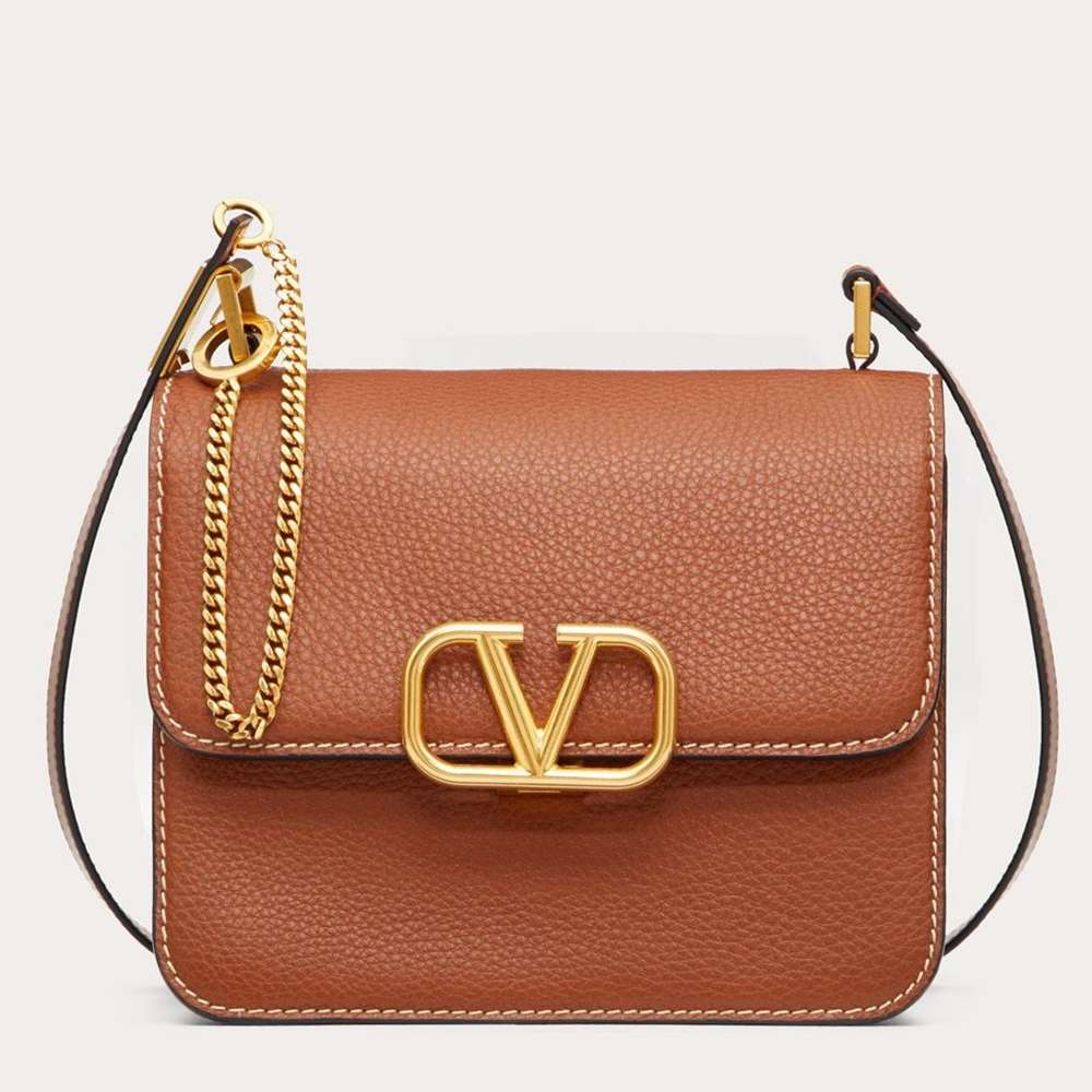 Valentino Vsling Large Shoulder Bag In Brown Grained Calfskin